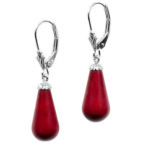 Natural Italian Red Coral Teardrop Leverback Earrings 925 Sterling Silver - 1000Jewels.com