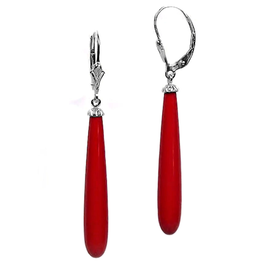 Natural Italian Red Coral Teardrop Leverback Earrings 14K White Gold - 1000Jewels.com