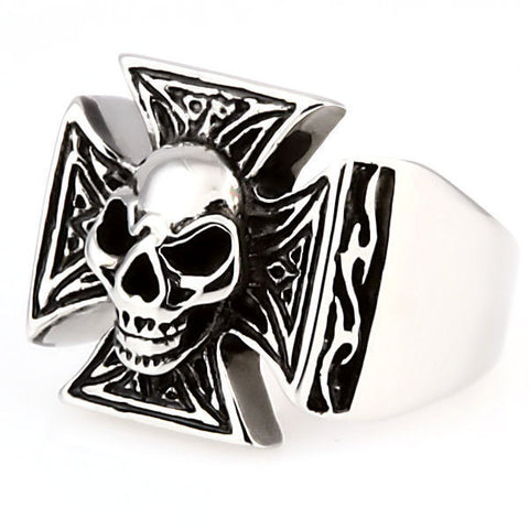 Ranger: Imposing Mens Skull & Maltese Iron Cross Biker Ring 316 Steel - 1000Jewels.com
