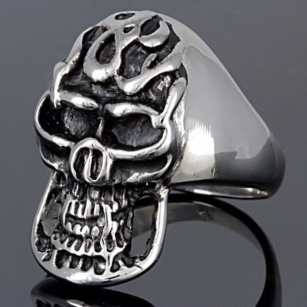Blaze: Unisex Flaming Vampire Skull Biker Ring 316L Stainless Steel - 1000Jewels.com