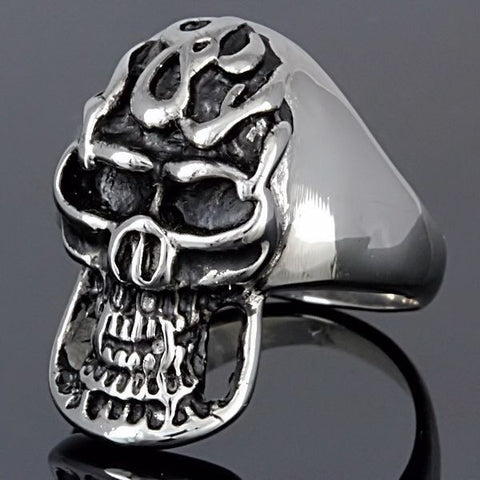 Blaze: Unisex Flaming Vampire Skull Biker Ring 316L Stainless Steel - 1000Jewels.com
