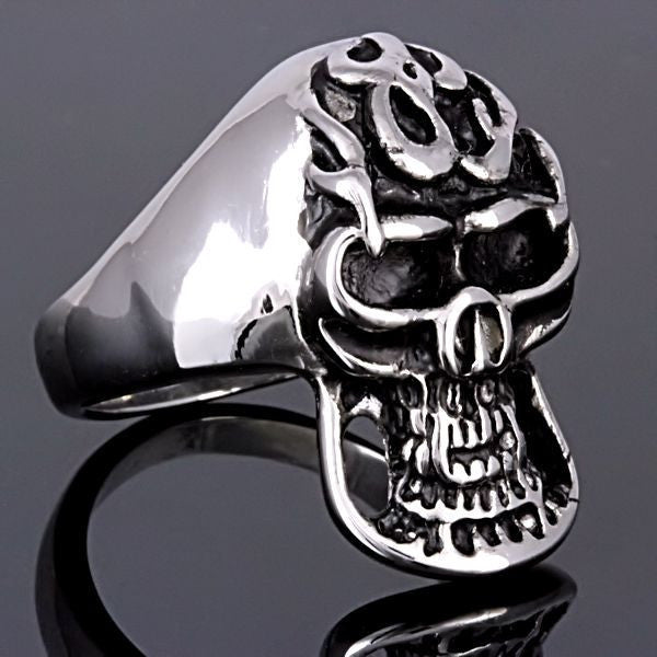Blaze: Unisex Flaming Vampire Skull Biker Ring 316L Stainless Steel - 1000Jewels.com