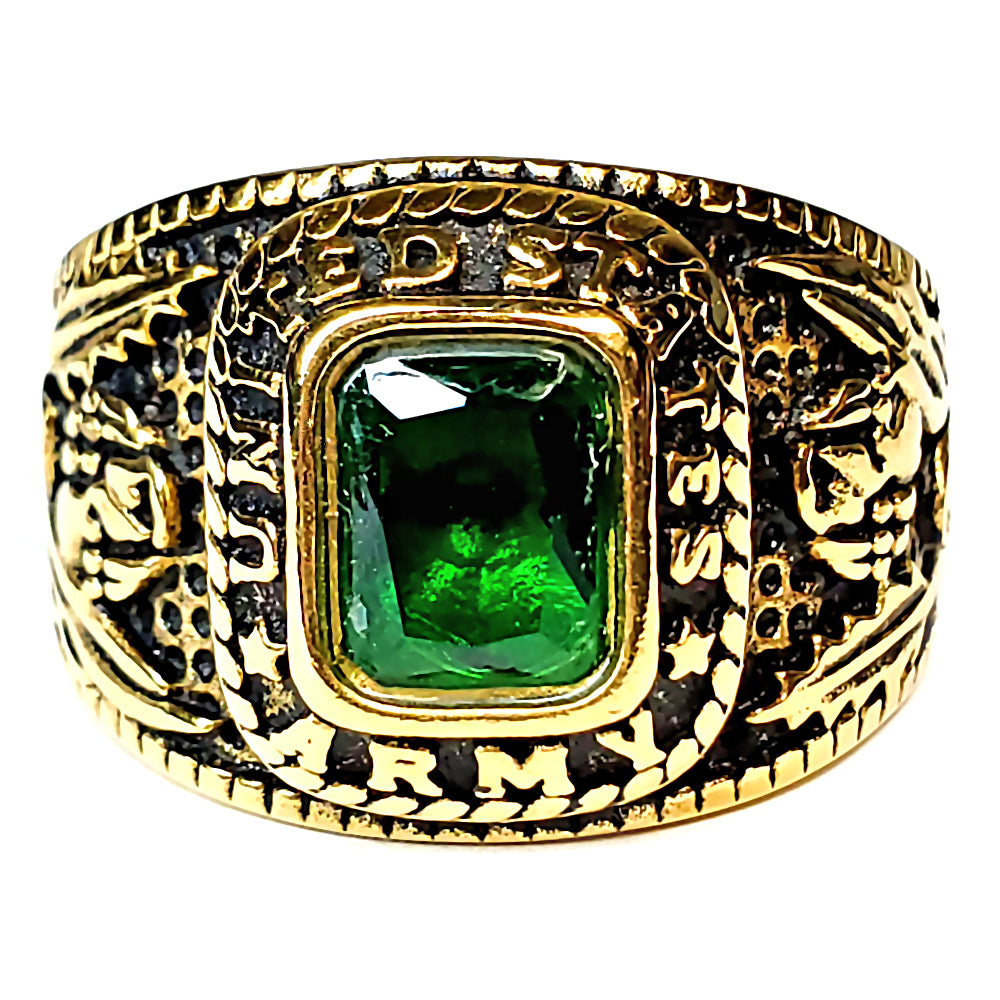 Mens Simulated Emerald US Army Gold-Tone Stainless Steel Military Ring - 1000Jewels.com