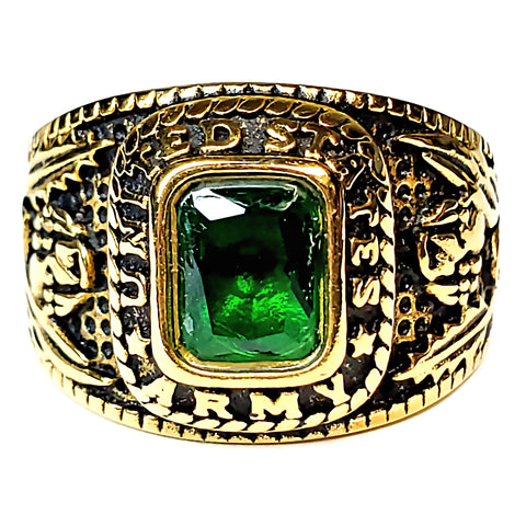 Mens Simulated Emerald US Army Gold-Tone Stainless Steel Military Ring - 1000Jewels.com