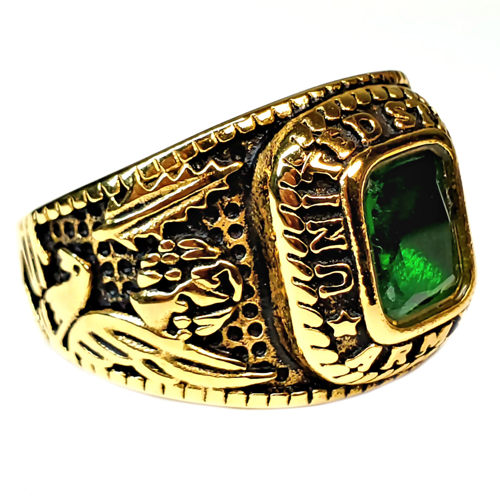 Mens Simulated Emerald US Army Gold-Tone Stainless Steel Military Ring - 1000Jewels.com