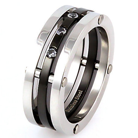 Maverick: Mens Russian Ice CZ Riveted 3 in 1 Stainless Steel Band Ring - 1000Jewels.com