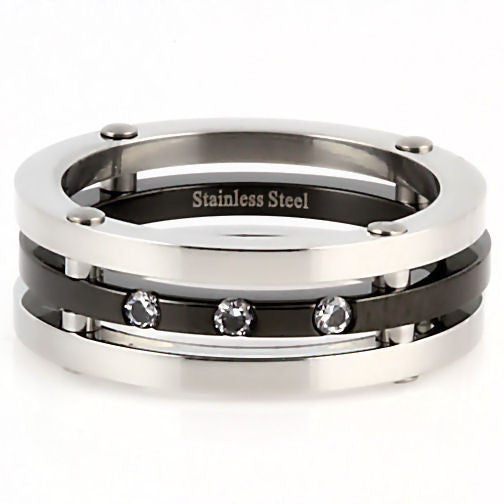 Maverick: Mens Russian Ice CZ Riveted 3 in 1 Stainless Steel Band Ring - 1000Jewels.com