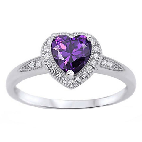 Brisha: 0.87ct Heart cut Simulated Amethyst with Round IOF CZ Halo Promise Ring - 1000Jewels.com