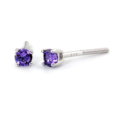 3mm Brilliant Cut Amethyst Ice CZ Screw Back Earrings Sterling Silver - 1000Jewels.com