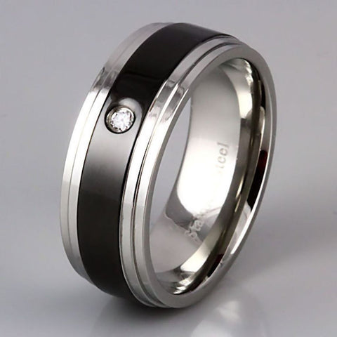 Rio: Mens 2 Tone Black and Silver Stainless Steel Russian CZ Band Ring - 1000Jewels.com