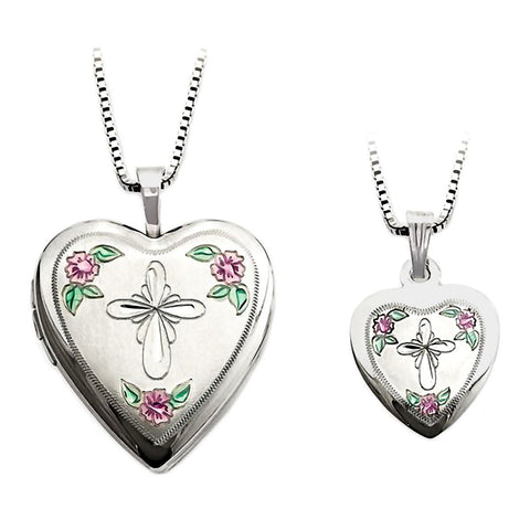 Cross and Flowers Just Like Mommy 925 Silver Locket and Pendant Necklace Set - 1000Jewels.com