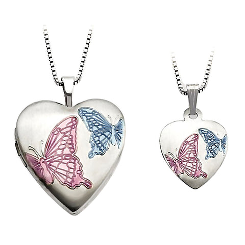 Enamel Butterfly Just Like Mommy 925 Silver Locket and Pendant Necklace Set - 1000Jewels.com
