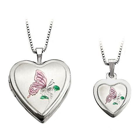 Satin Butterfly Just Like Mommy 925 Silver Locket and Pendant Necklace Set - 1000Jewels.com