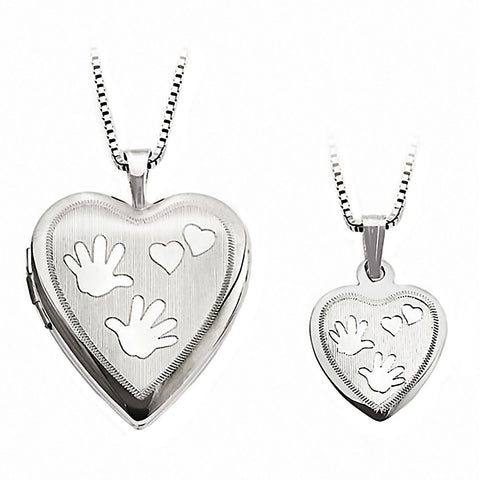 Hand Print Just Like Mommy 925 Silver Heart Locket and Pendant Necklace Set - 1000Jewels.com