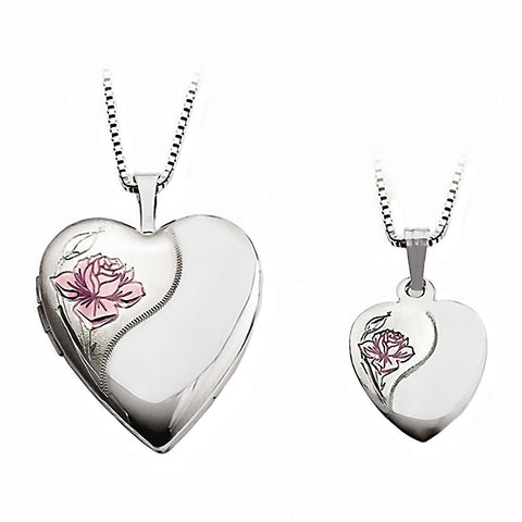 Satin Rose Just Like Mommy 925 Silver Heart Locket and Pendant Necklace Set - 1000Jewels.com