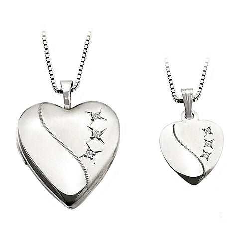 3 Stone Just Like Mommy Genuine Diamond Silver Locket and Pendant Necklace Set - 1000Jewels.com