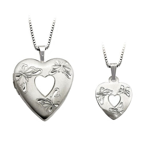 Butterfly Just Like Mommy 925 Silver Heart Locket and Pendant Necklace Set - 1000Jewels.com