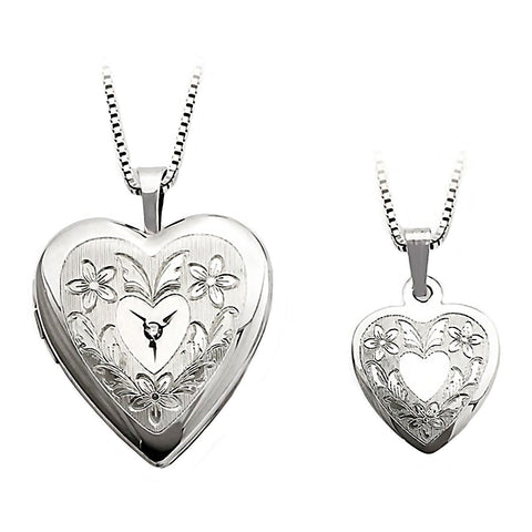 Floral Just Like Mommy Genuine Diamond Silver Locket and Pendant Necklace Set - 1000Jewels.com
