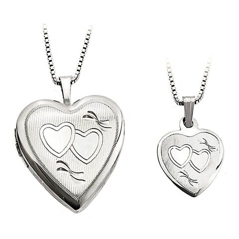 Textured Heart Just Like Mommy 925 Silver Locket and Pendant Necklace Set - 1000Jewels.com