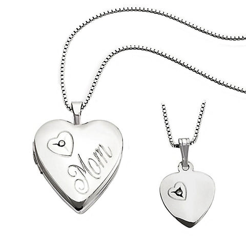 Heart Just Like Mommy Genuine Diamond Silver Locket and Pendant Necklace Set - 1000Jewels.com