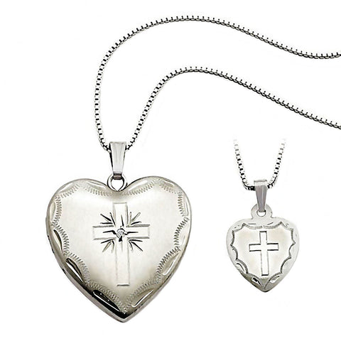 Cross Just Like Mommy Genuine Diamond Silver Locket and Pendant Necklace Set - 1000Jewels.com