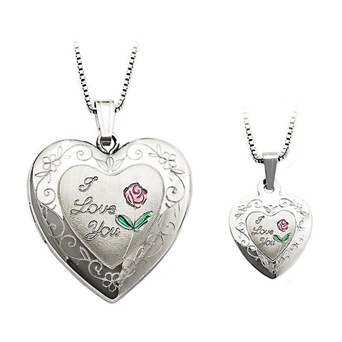"I Love You" Just Like Mommy 925 Silver Locket and Pendant Necklace Set - 1000Jewels.com