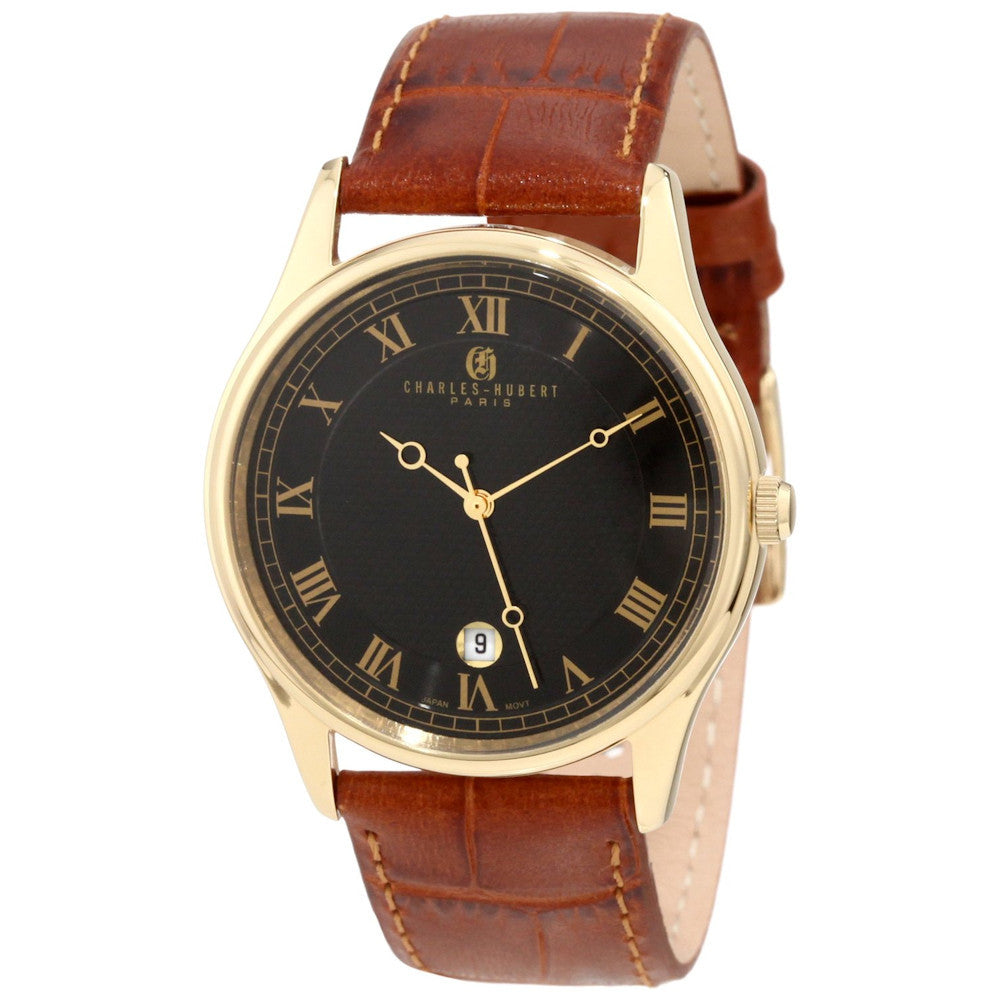 Charles Hubert: Leather Band and Gold-Tone Case Steel Wrist Watch 3814-GB - 1000Jewels.com