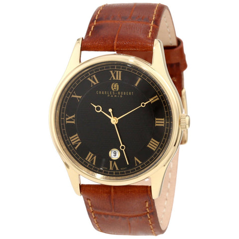 Charles Hubert: Leather Band and Gold-Tone Case Steel Wrist Watch 3814-GB - 1000Jewels.com