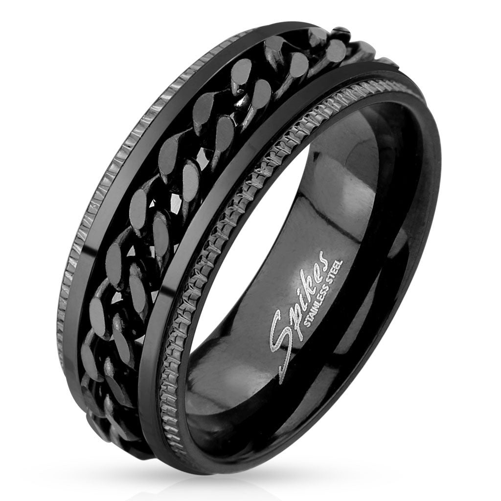 Ryker: Grooved Edge Chain Center Spinner Mens Ring 316 Stainless Steel Black Tone - 1000Jewels.com