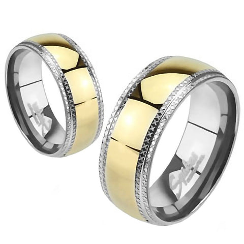 Kaylor: Stainless Steel Etched Edges and IP Gold Center Wedding Band - 1000Jewels.com