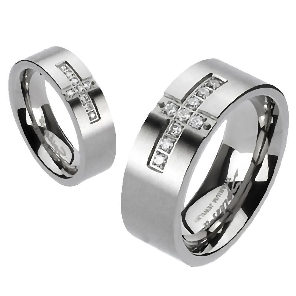 Alex: Unisex Cross Paved Russian IOF CZ Titanium Wedding Band Ring - 1000Jewels.com