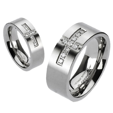 Alex: Unisex Cross Paved Russian IOF CZ Titanium Wedding Band Ring - 1000Jewels.com