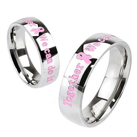 Rosalind: “Together We Can Do It" Pink Ribbon 316 Steel Fashion Ring - 1000Jewels.com