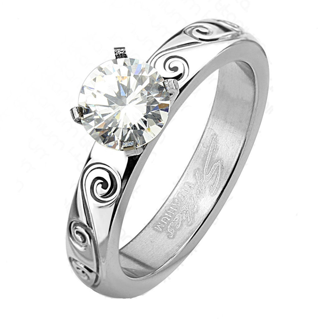 Rahima: IOF CZ Filigree Engraved Classic Engagement Ring Titanium - 1000Jewels.com