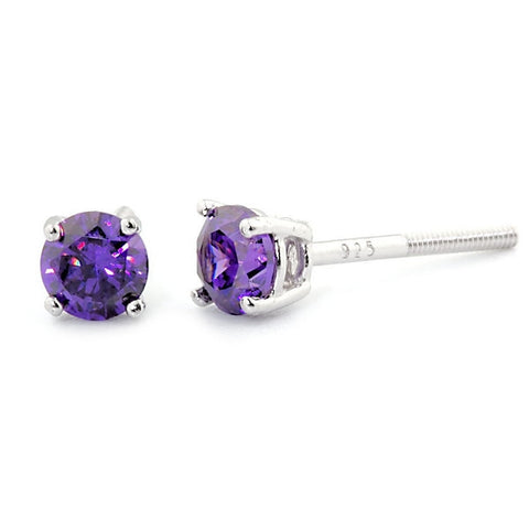 4mm Brilliant Cut Amethyst Ice CZ Screw Back Earrings Sterling Silver - 1000Jewels.com
