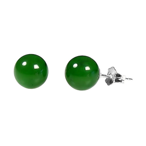 Natural Nephrite Green Jade Ball Stud Earrings 14K White Gold - 1000Jewels.com