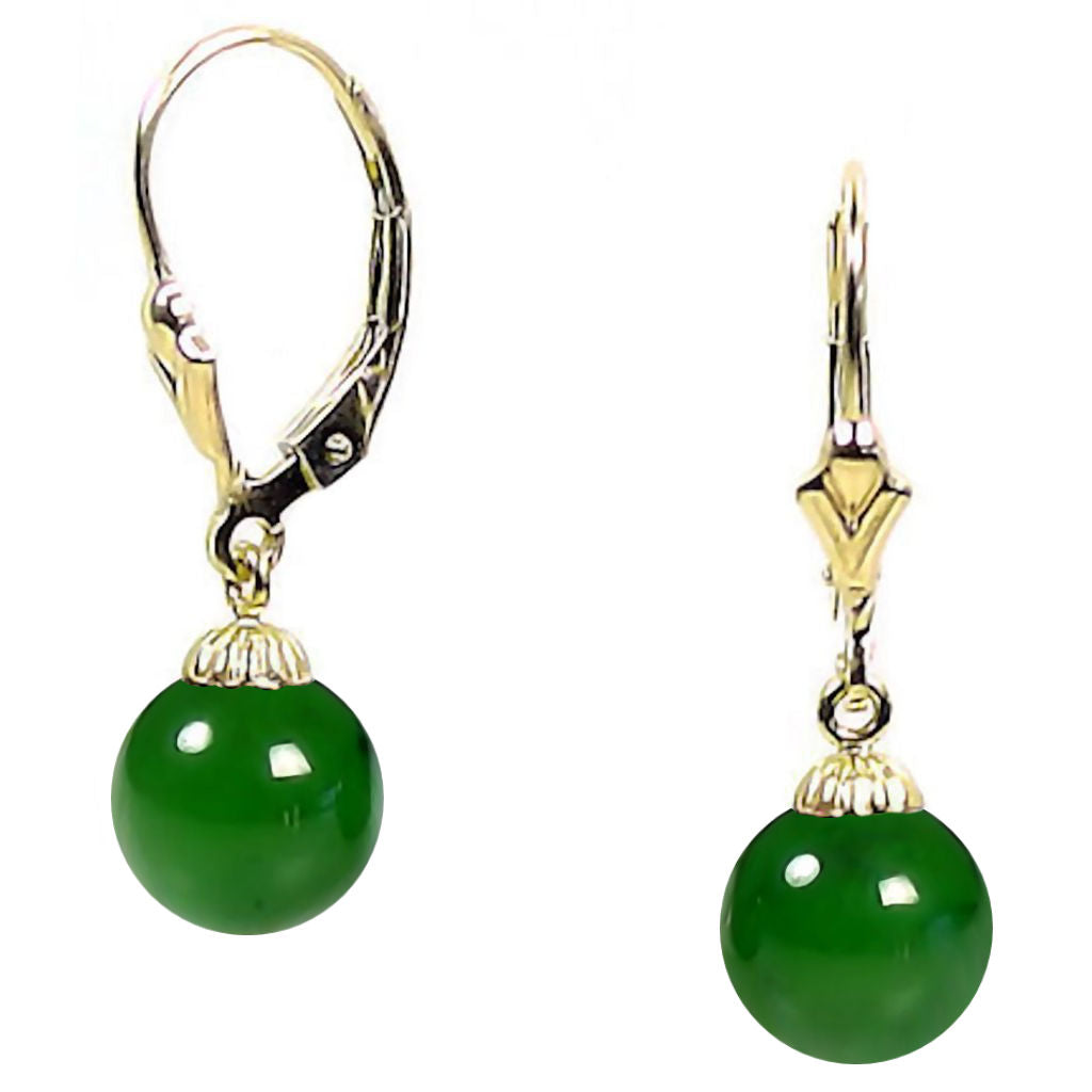 Natural Nephrite Green Jade Ball Leverback Earrings 14-20 Gold Filled - 1000Jewels.com