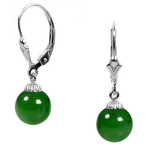 Natural Nephrite Green Jade Ball Leverback Earrings 14K White Gold - 1000Jewels.com