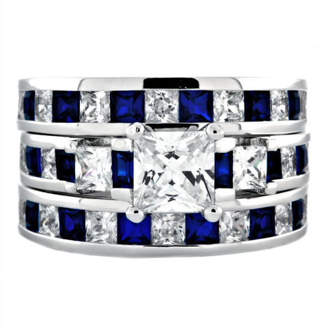 Olivia 3: Stunning 6.56c created Blue Sapphire 3 Pc Wedding Ring Set - 1000Jewels.com