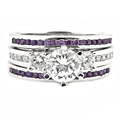 Lakoda 3AT: Stunning 1.58c IOF CZ and Amethyst 3 Pc Wedding Ring Set - 1000Jewels.com