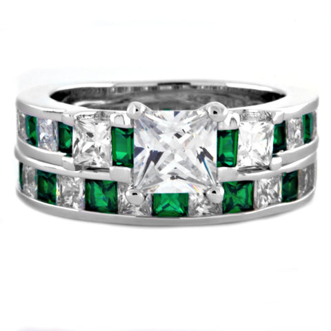 Olympia: Glamorous 4.35ct Emerald and Russian Ice CZ Wedding Ring Set - 1000Jewels.com