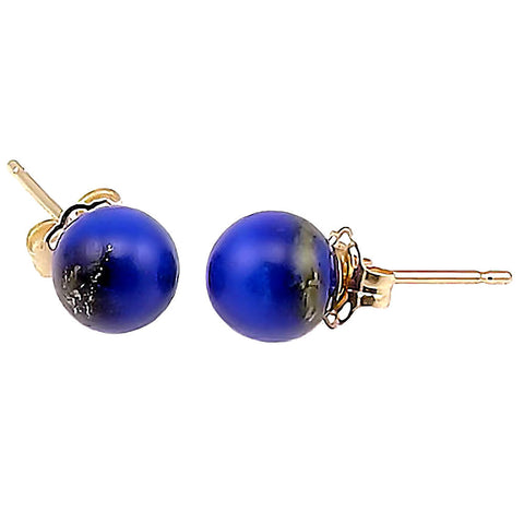 Natural Lapis Lazuli Ball Stud Post Earrings 14K Yellow Gold - 1000Jewels.com