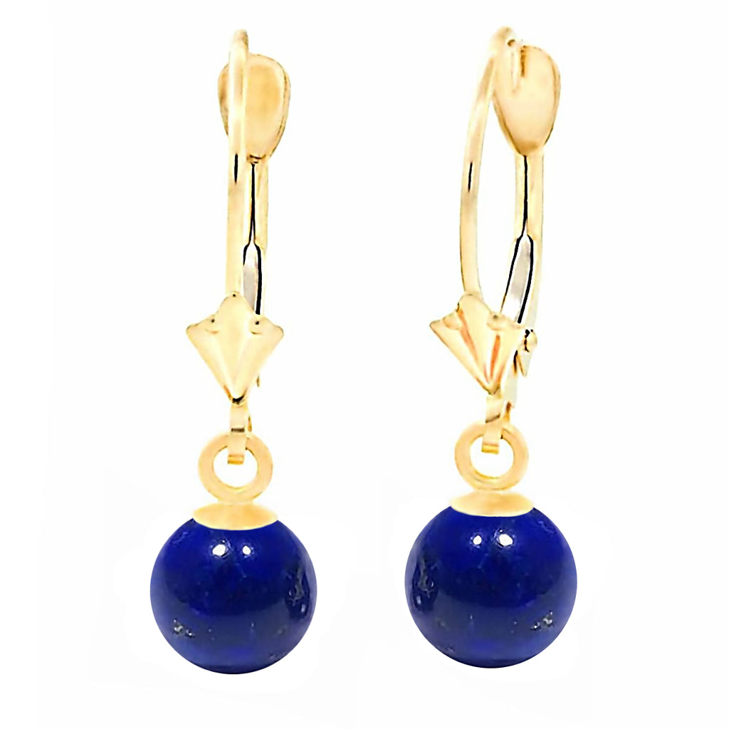 Natural Lapis Lazuli Ball Drop Leverback Earrings 14K Yellow Gold - 1000Jewels.com