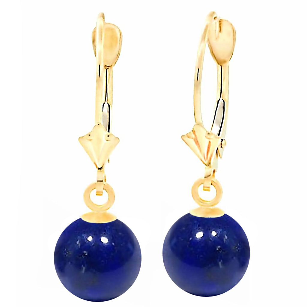 Natural Lapis Lazuli Ball Drop Leverback Earrings 14K Yellow Gold - 1000Jewels.com