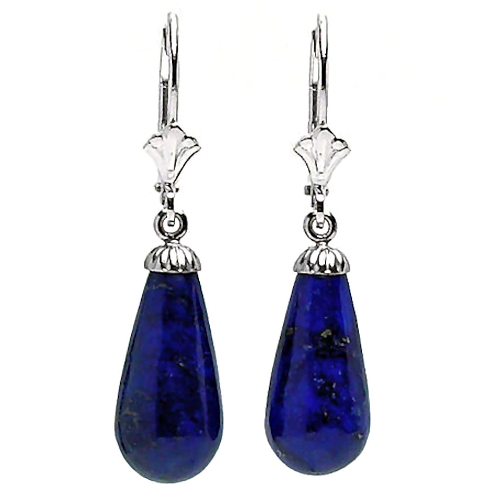 Natural Lapis Lazuli Teardrop Leverback Earrings 14K White Gold - 1000Jewels.com