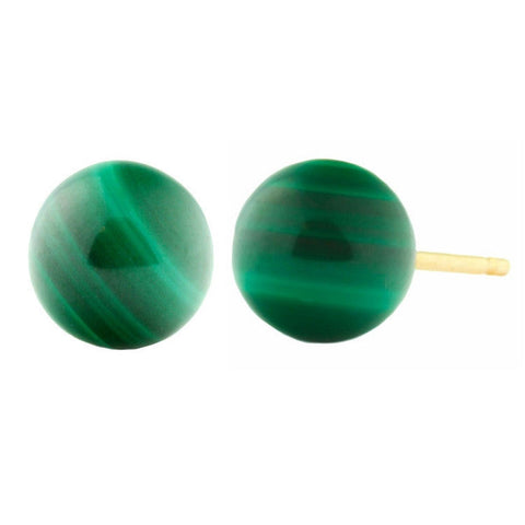 Natural Green Malachite Ball Stud Earrings 14K Yellow Gold - 1000Jewels.com