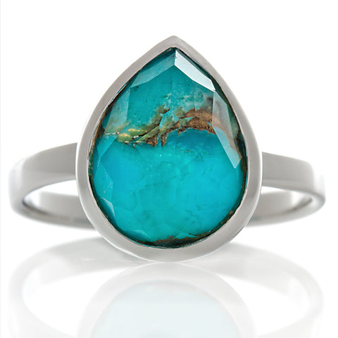 Tanya: Pear Shape Faceted Quartz over Turquoise Right Hand Ring 925 Silver - 1000Jewels.com
