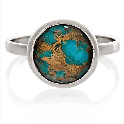 Faira: Round Freeform Faceted Quartz over Turquoise Right Hand Ring 925 Silver - 1000Jewels.com