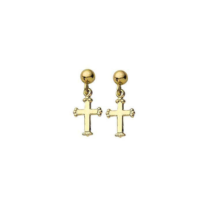 Cross Drop Ball Post Earrings 14K Yellow Gold - 1000Jewels.com