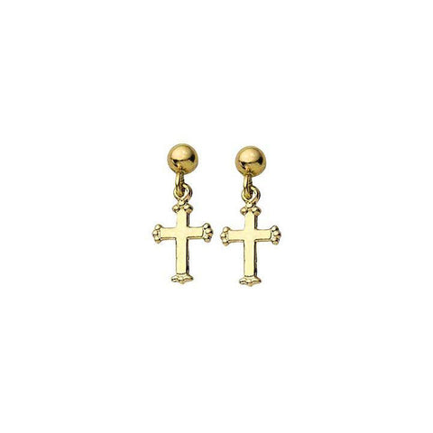 Cross Drop Ball Post Earrings 14K Yellow Gold - 1000Jewels.com